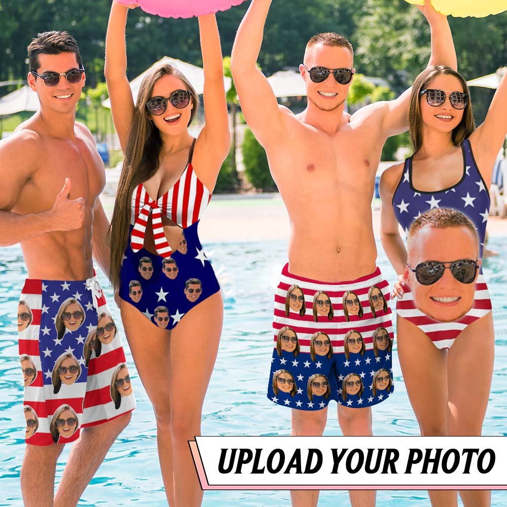 Custom Couple Mathching American Swimwear#Up To 5XL Plus Size #Sexy Swimsuit for Beach Custom Face&Text Beach Shorts And Custom Face Flag Men's Beach Shorts&Women's Swimsuits Bathing Suit - YesCustom