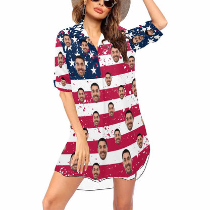 Custom Couple USA Flag Hawaiian Shirt Set&Cover Up Dress Independence Gift - YesCustom