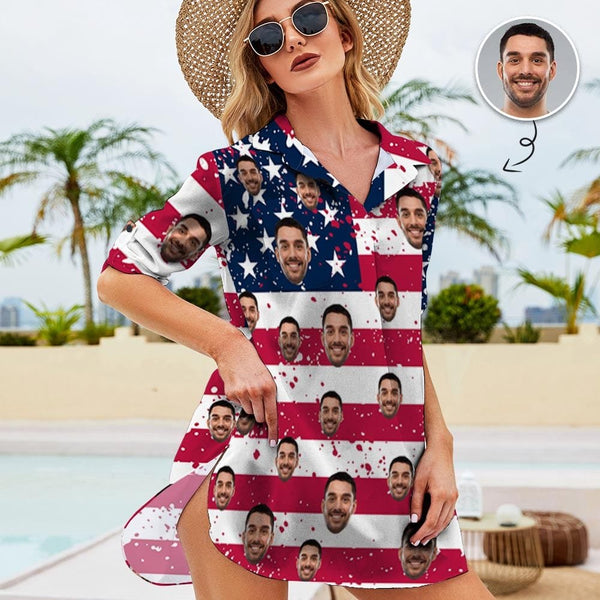 Custom Couple USA Flag Hawaiian Shirt Set&Cover Up Dress Independence Gift - YesCustom