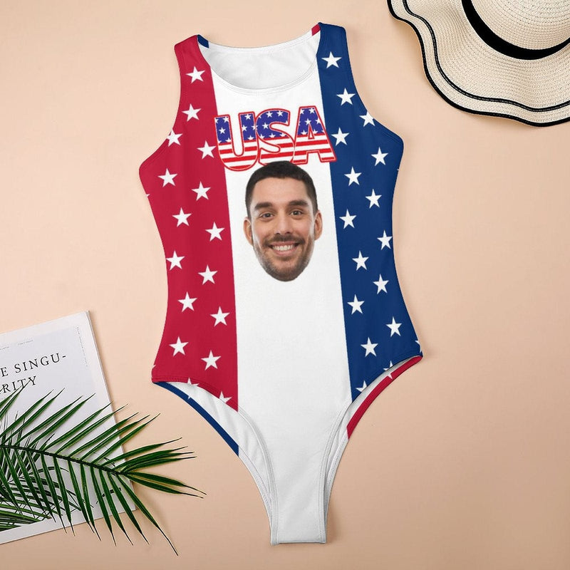 Custom Custom Face America Swimsuit Personalized Bathing Suit Women's Vest Bodysuit Swimsuit - YesCustom