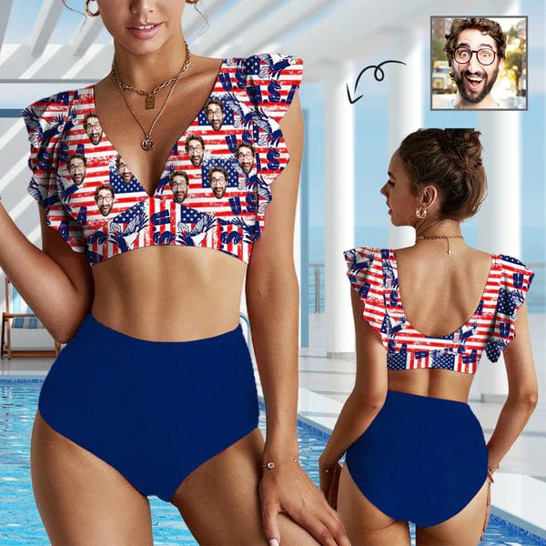 Custom Custom Face American Falg Blue Women Ruffle High Waisted Flounce Bikini Set Two Pieces Swimsuit Beachwear - YesCustom