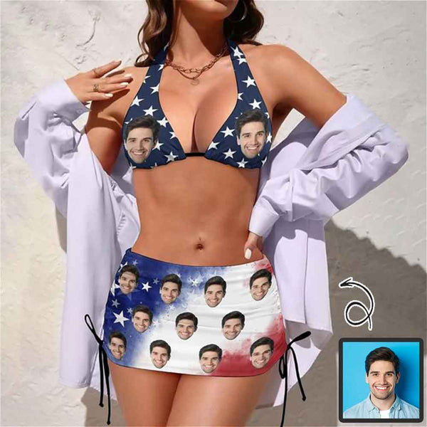 Custom Custom Face American Flag 3-Pieces Bikini Set Halter Neck Top Bikini Skirts with Drawstring - YesCustom