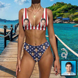 Custom Custom Face American Flag Back Buckle Bikini Personalized Deep V Neck Triangle Bikini Beach Pool Outfits - YesCustom