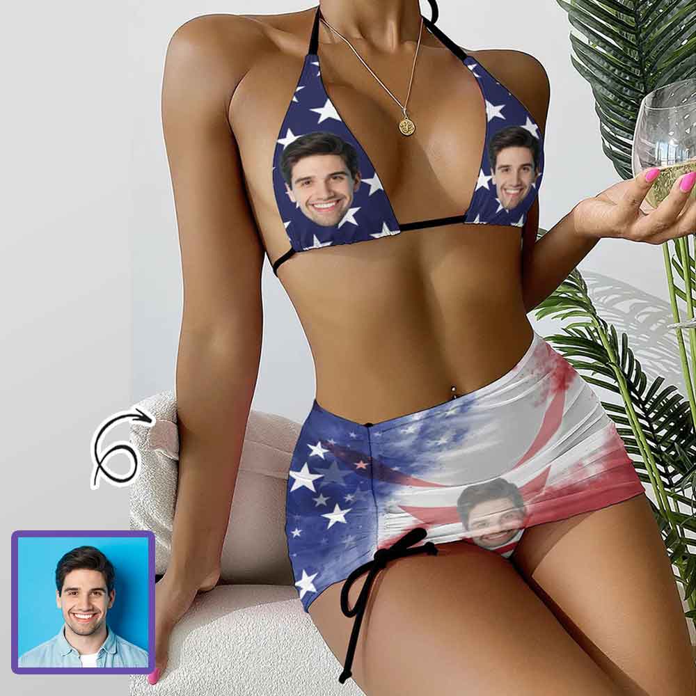 Custom Custom Face American Flag Bikini Set For Women 3-Pieces Summer Swimsuit - YesCustom