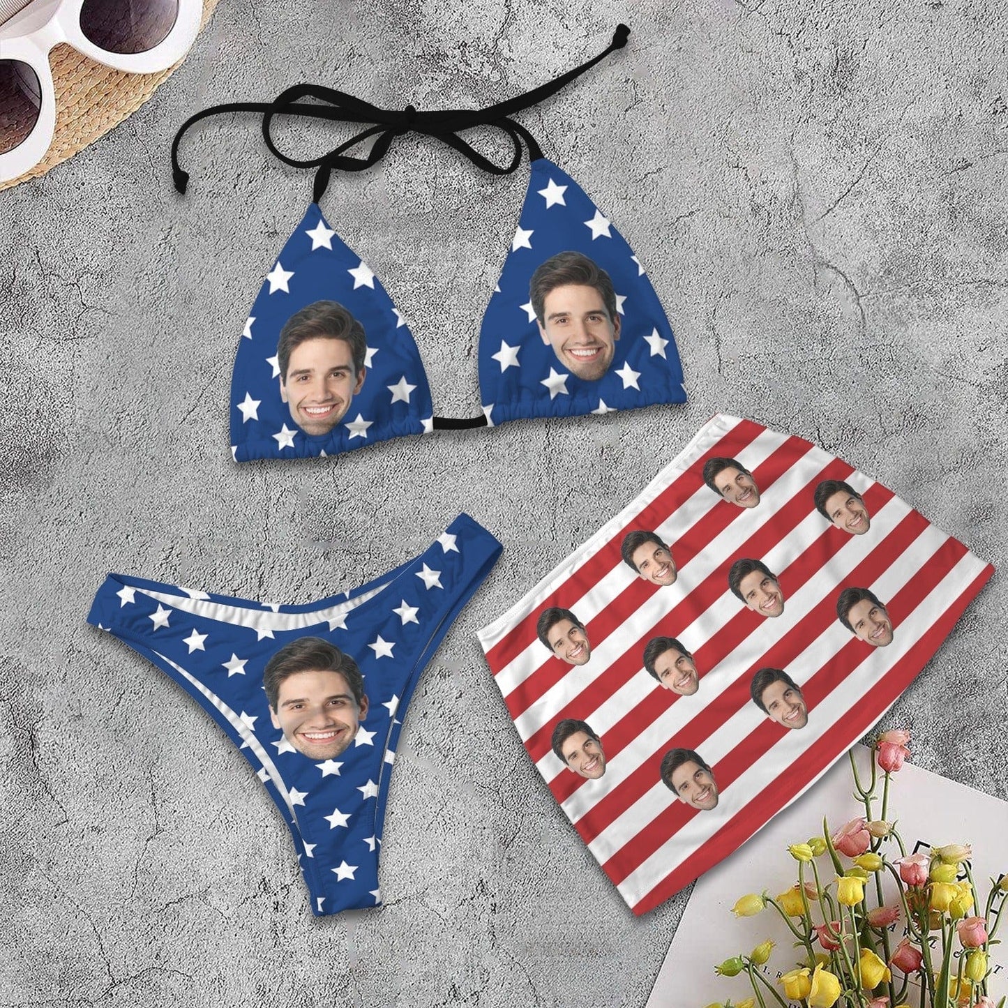 Custom Custom Face American Flag Bikini Set Personalized Halterneck String Three-Pieces Bikini Skirts Set - YesCustom