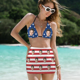 Custom Custom Face American Flag Bikini Set Personalized Halterneck String Three-Pieces Bikini Skirts Set - YesCustom