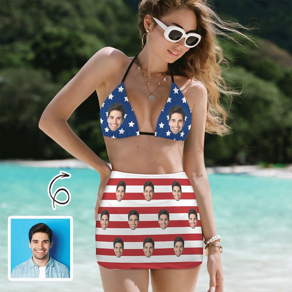 Custom Custom Face American Flag Bikini Set Personalized Halterneck String Three-Pieces Bikini Skirts Set - YesCustom