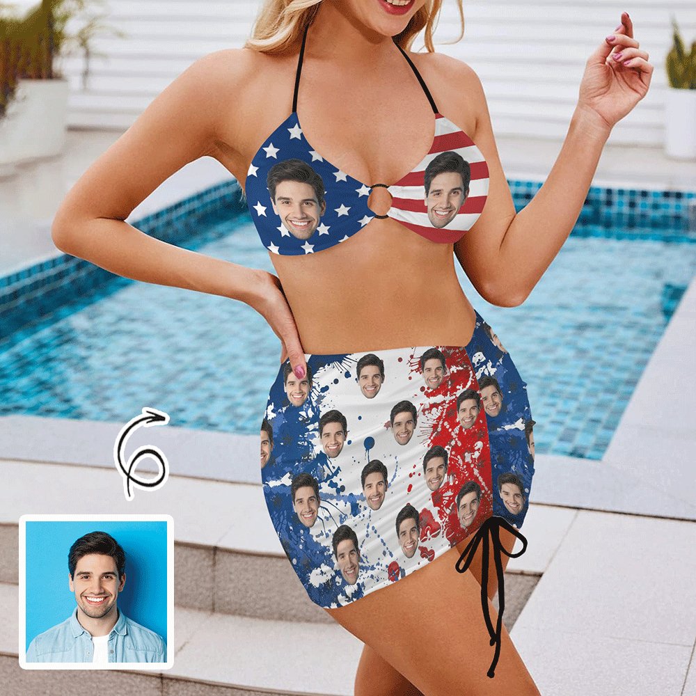 Custom Custom Face American Flag Bikini Set Personalized Women's Drawstring Halterneck Three-Piece Swimsuit Skirt - YesCustom