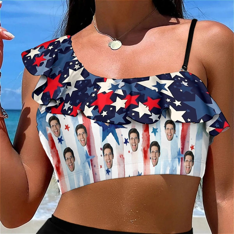 Custom Custom Face American Flag Bikini Top&Bottom Off Shoulder Ruffle Bikini Top High Waisted Bikini Bottom - YesCustom