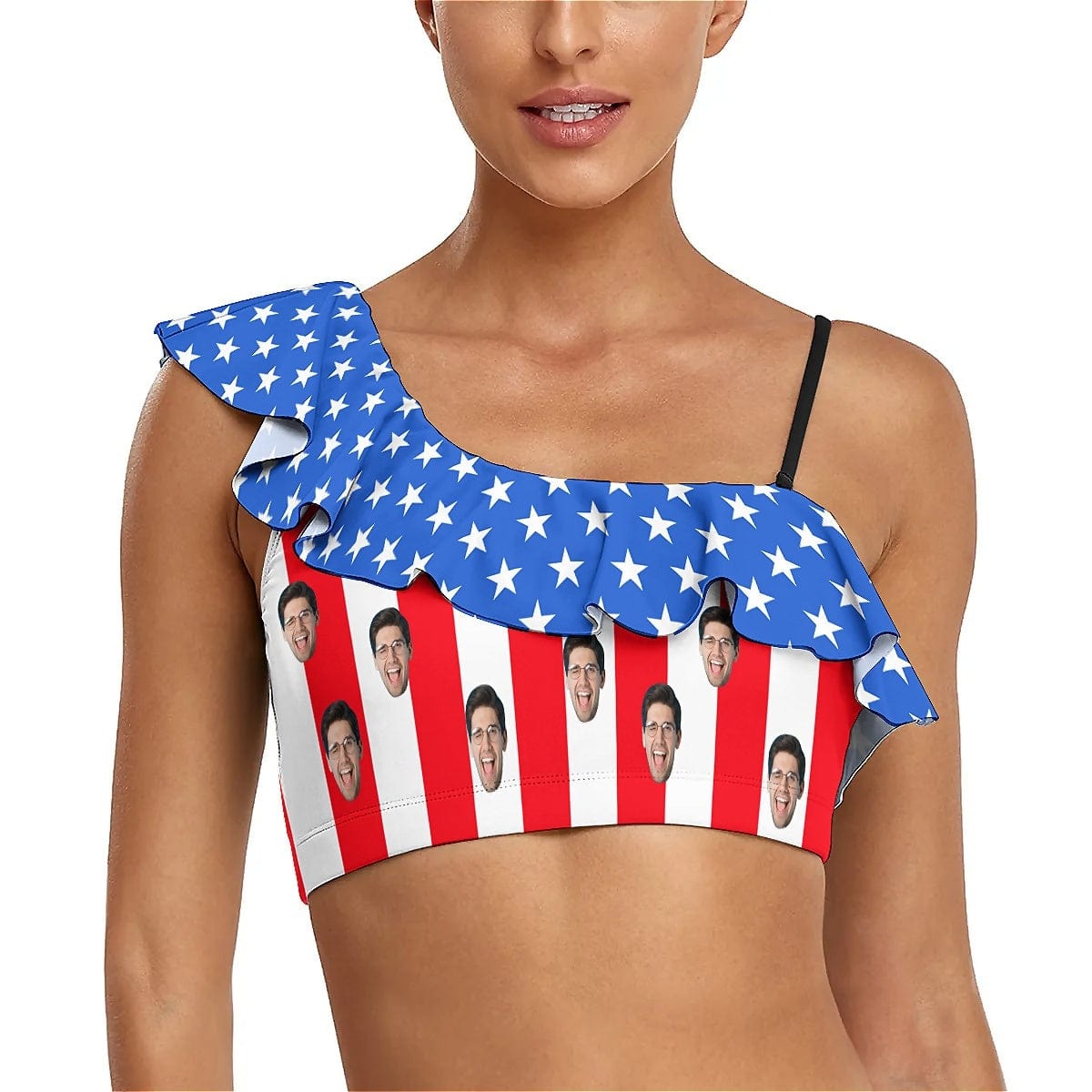 Custom Custom Face American Flag Bikini Top&Bottom Off Shoulder Ruffle Bikini Top High Waisted Bikini Bottom - YesCustom