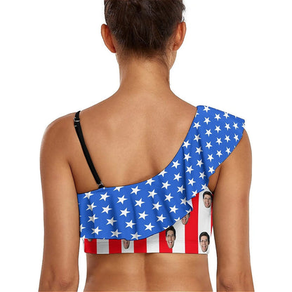 Custom Custom Face American Flag Bikini Top&Bottom Off Shoulder Ruffle Bikini Top High Waisted Bikini Bottom - YesCustom