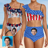 Custom Custom Face American Flag Bikini Top&Bottom Off Shoulder Ruffle Bikini Top High Waisted Bikini Bottom - YesCustom