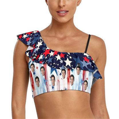 Custom Custom Face American Flag Bikini Top&Bottom Off Shoulder Ruffle Bikini Top High Waisted Bikini Bottom - YesCustom