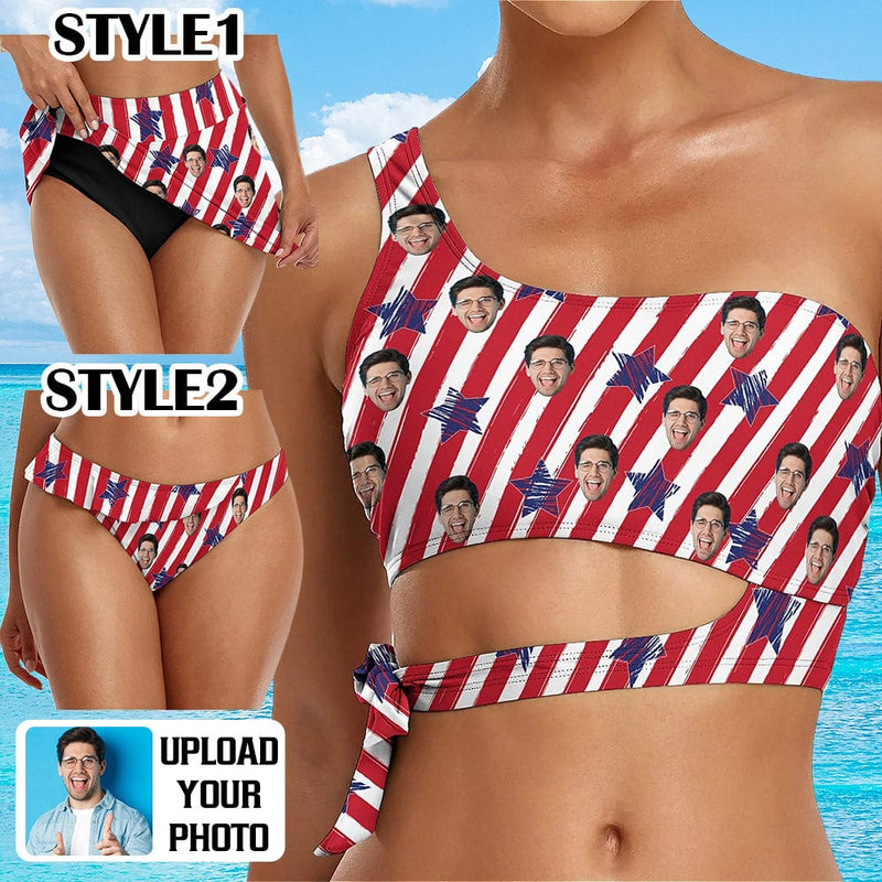 Custom Custom Face American Flag Bikini Top&Bottom One Shoulder Bikini Top Split Bikini - YesCustom