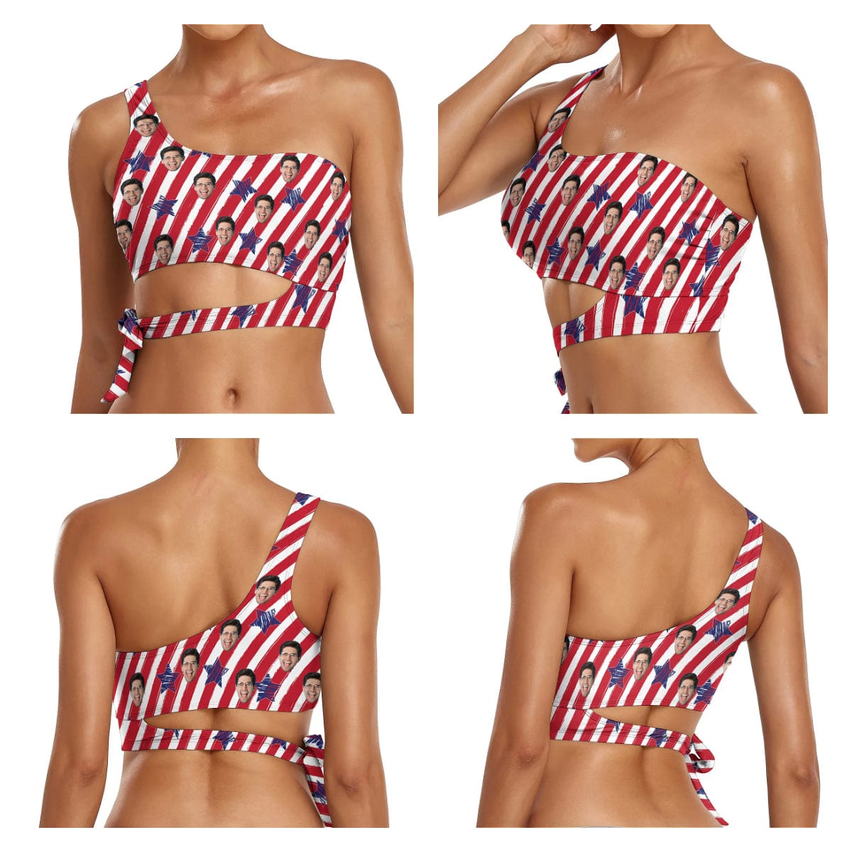 Custom Custom Face American Flag Bikini Top&Bottom One Shoulder Bikini Top Split Bikini - YesCustom