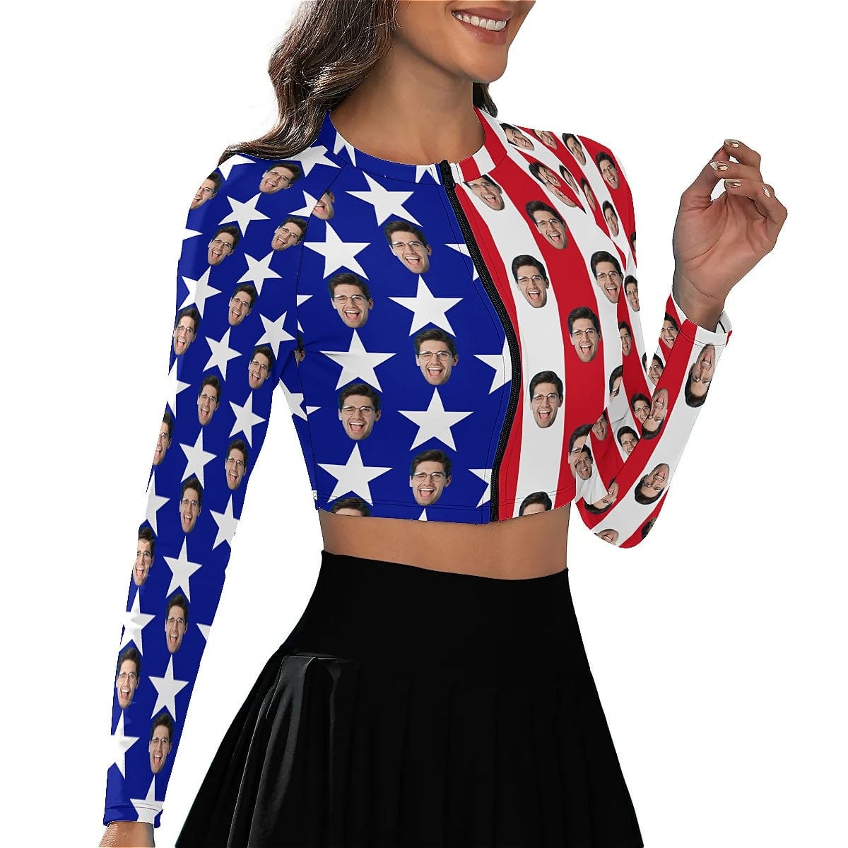 Custom Custom Face American Flag Bikini Top&Bottom Women's Swim Skirt With Bottom Long Sleeve Zip Top - YesCustom