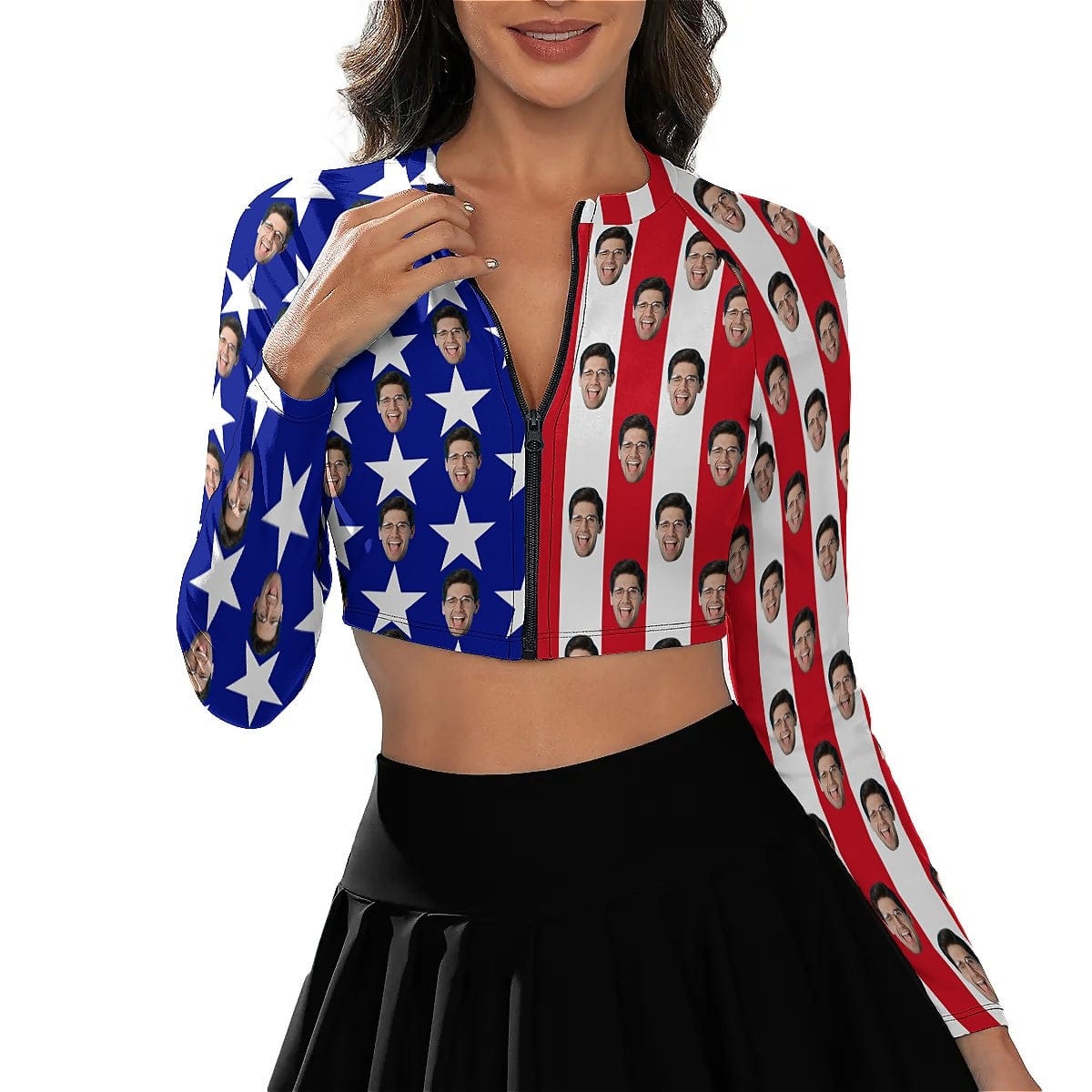 Custom Custom Face American Flag Bikini Top&Bottom Women's Swim Skirt With Bottom Long Sleeve Zip Top - YesCustom