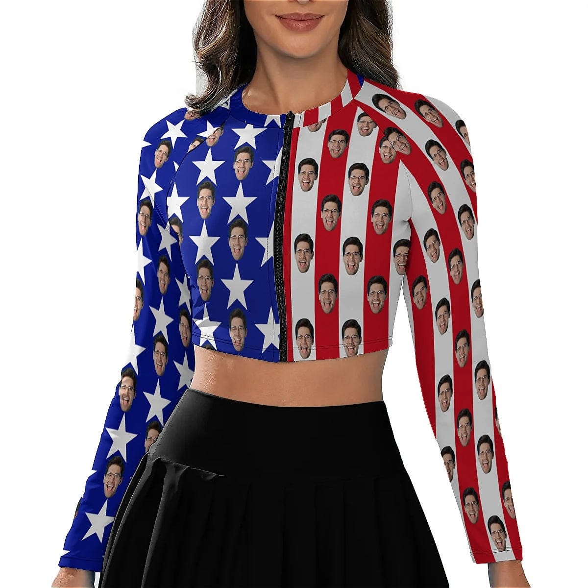 Custom Custom Face American Flag Bikini Top&Bottom Women's Swim Skirt With Bottom Long Sleeve Zip Top - YesCustom