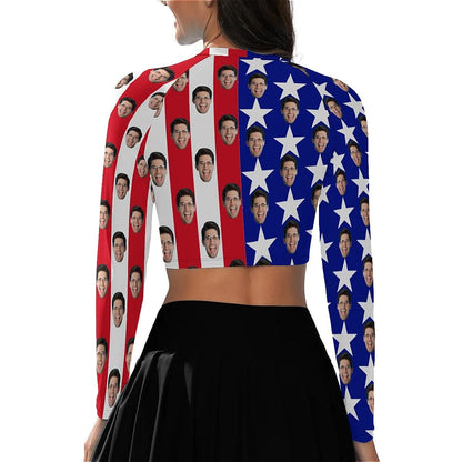 Custom Custom Face American Flag Bikini Top&Bottom Women's Swim Skirt With Bottom Long Sleeve Zip Top - YesCustom