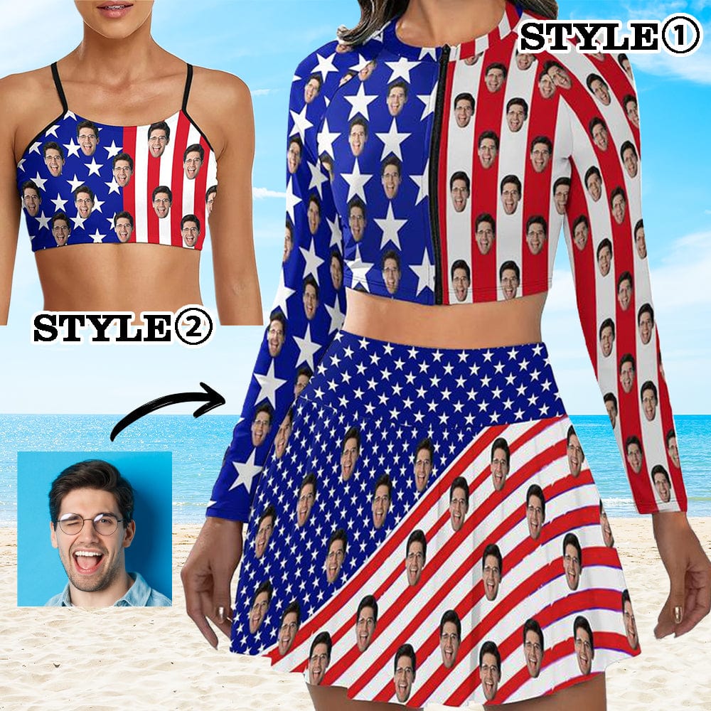 Custom Custom Face American Flag Bikini Top&Bottom Women's Swim Skirt With Bottom Long Sleeve Zip Top - YesCustom