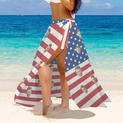 Custom Custom Face American Flag Bikini&Cover Up Set Women's Chest Bow Bikini Long Cover Up Skirt With Slit - YesCustom