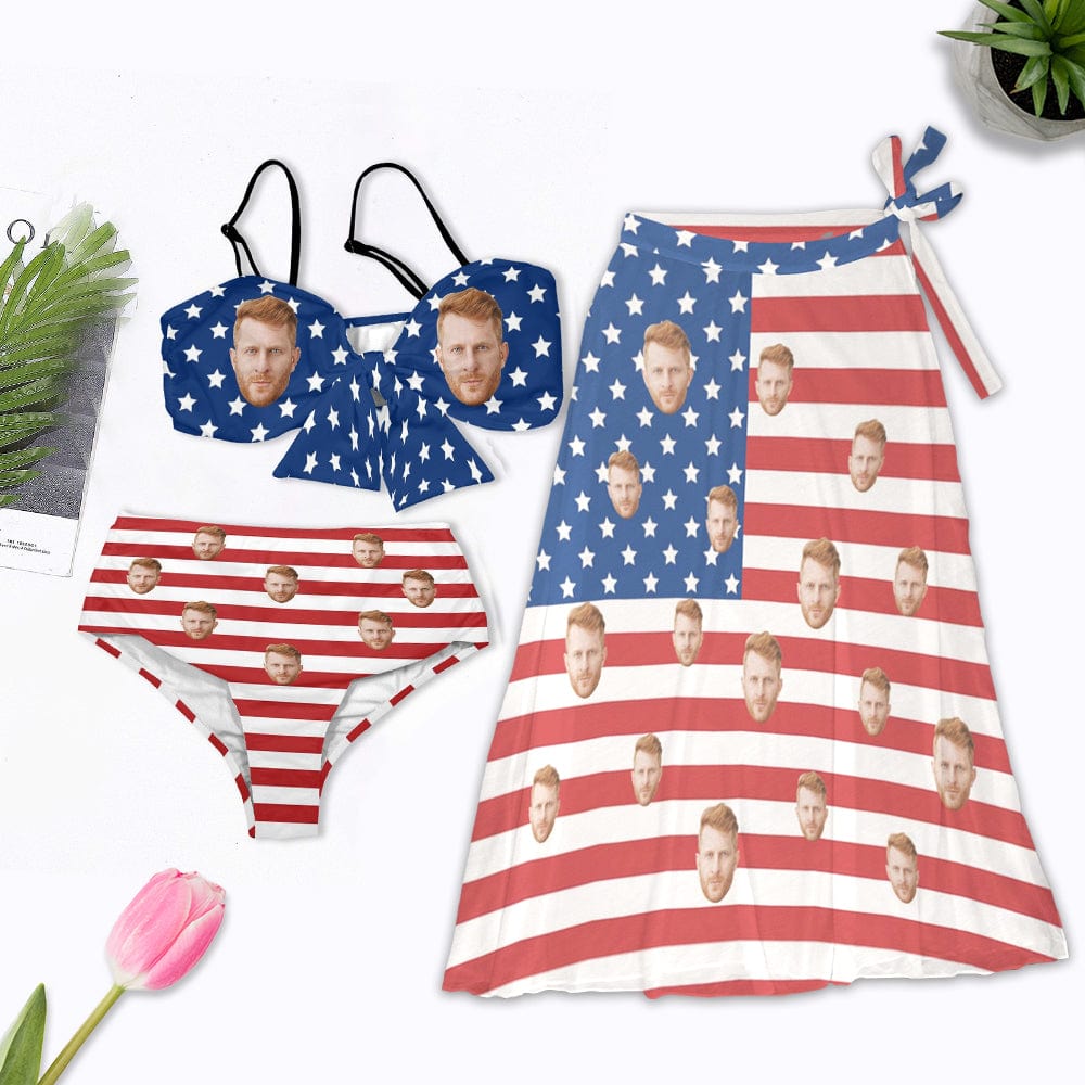 Custom Custom Face American Flag Bikini&Cover Up Set Women's Chest Bow Bikini Long Cover Up Skirt With Slit - YesCustom