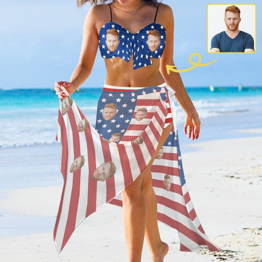 Custom Custom Face American Flag Bikini&Cover Up Set Women's Chest Bow Bikini Long Cover Up Skirt With Slit - YesCustom