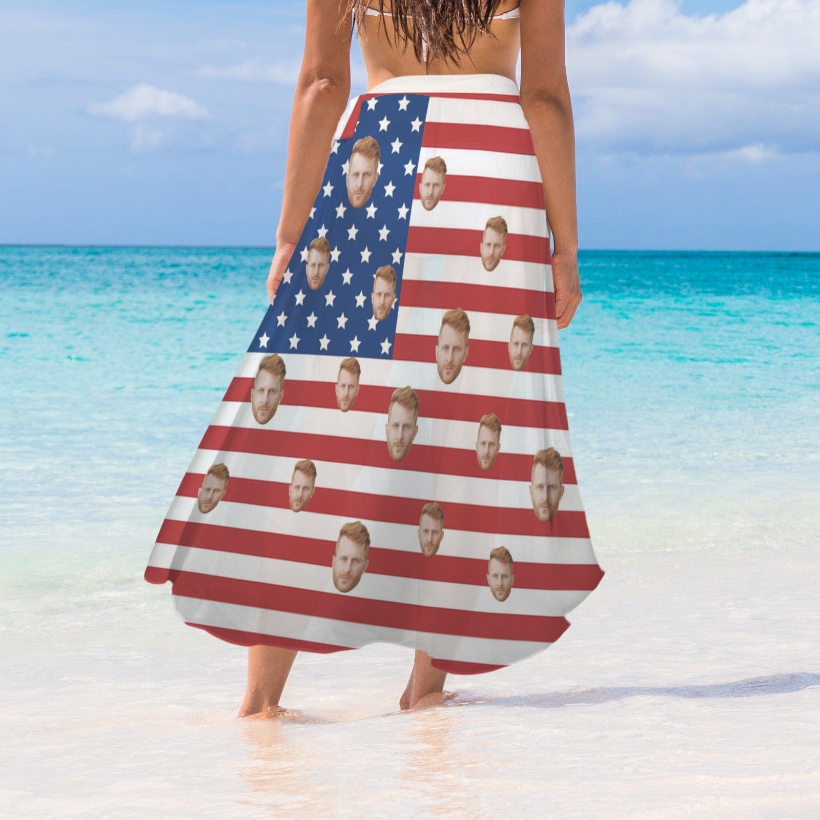 Custom Custom Face American Flag Bikini&Cover Up Set Women's Chest Bow Bikini Long Cover Up Skirt With Slit - YesCustom