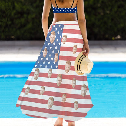 Custom Custom Face American Flag Bikini&Cover Up Set Women's Chest Bow Bikini Long Cover Up Skirt With Slit - YesCustom