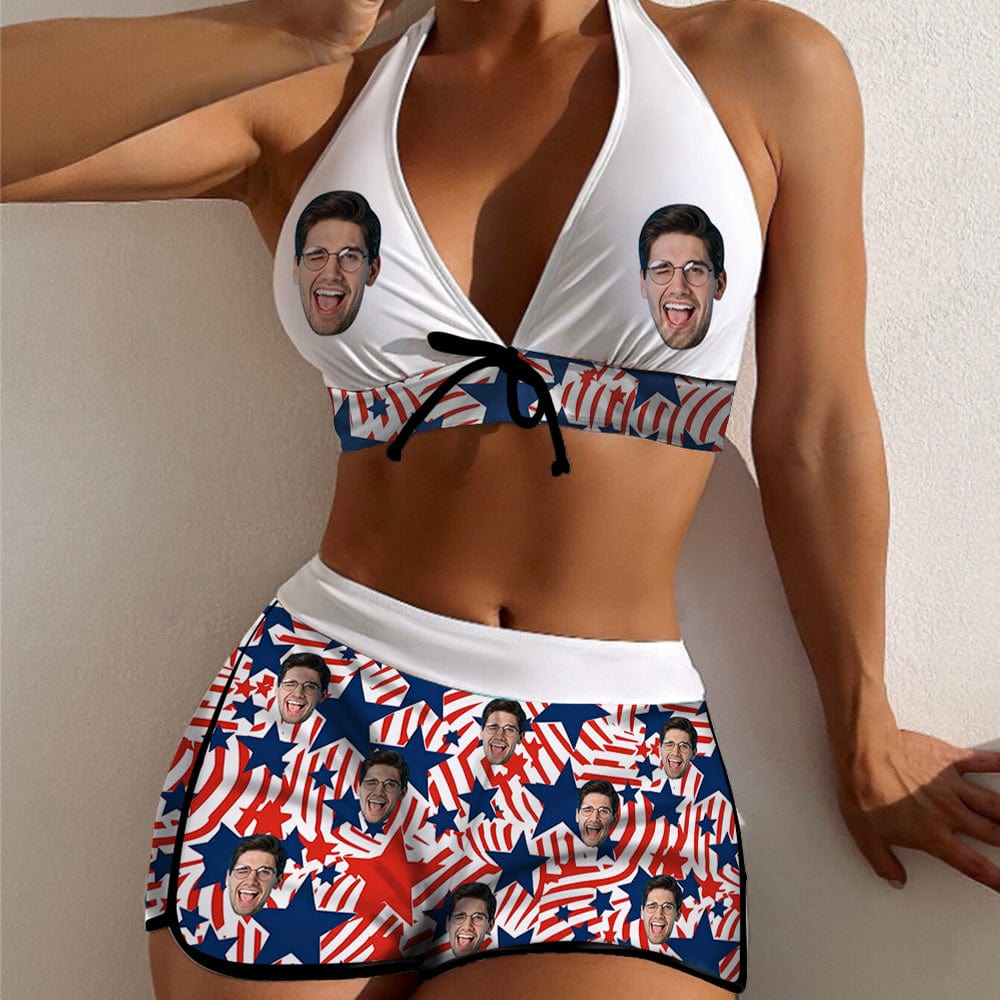 Custom Custom Face American Flag Boyshorts Bikini Set Personalized Halter V Neck Top Athletic Bathing Suit High Waisted Bikini - YesCustom