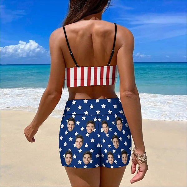 Custom Custom Face American Flag Boyshorts Bikini Set Personalized High Waisted Sling Bikini Bathing Suit - YesCustom