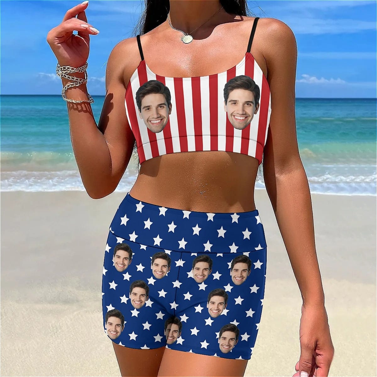 Custom Custom Face American Flag Boyshorts Bikini Set Personalized High Waisted Sling Bikini Bathing Suit - YesCustom