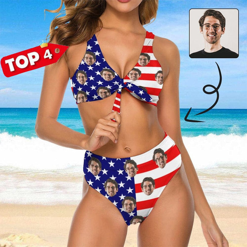 Custom Custom Face American Flag Chest Strap High Waisted Bikini Women's Two Piece Swimsuit Personalized Bathing Suit Summer Beach Pool Outfits - YesCustom