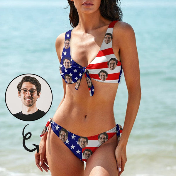 Custom Custom Face American Flag Chest Strap Tie Side Low Waisted Bikini Women's Two Piece Swimsuit Personalized Bathing Suit Summer Beach Pool Outfits - YesCustom