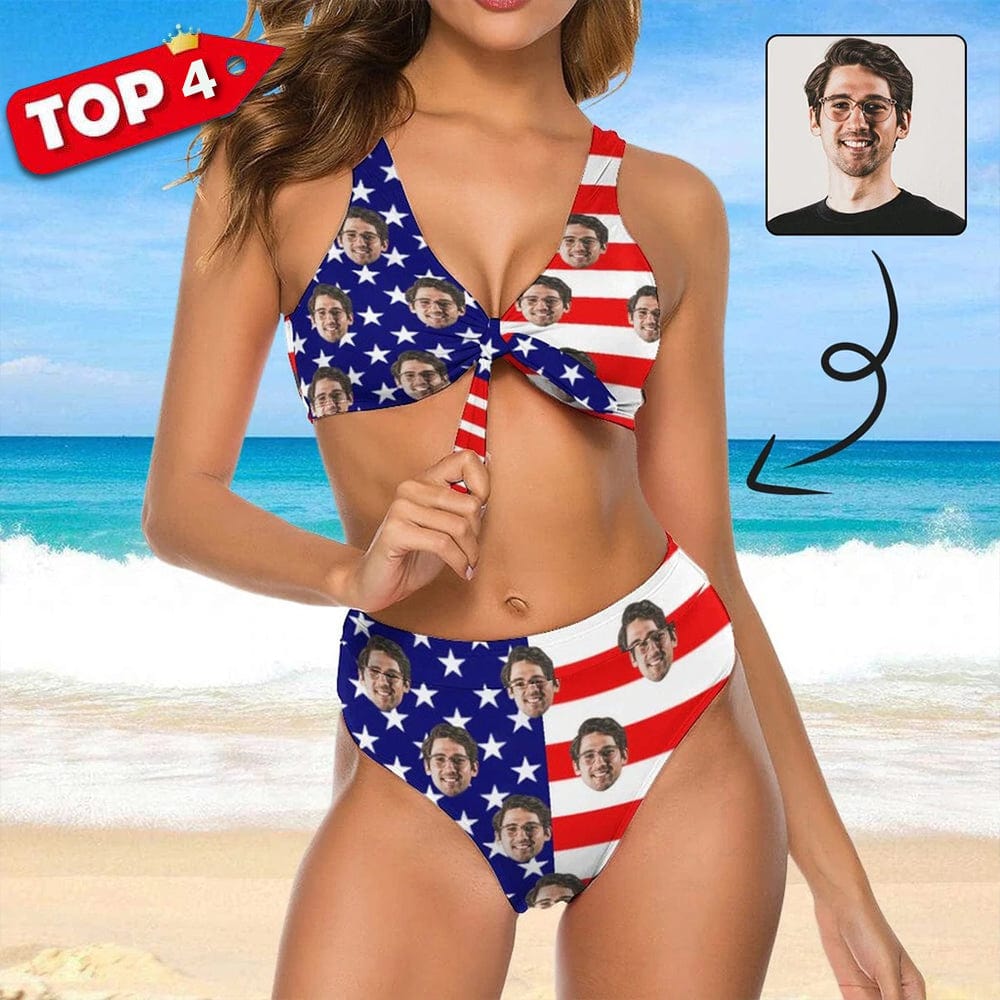 Custom Custom Face American Flag Chest Strap Tie Side Low Waisted Bikini Women's Two Piece Swimsuit Personalized Bathing Suit Summer Beach Pool Outfits - YesCustom