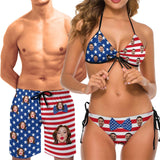 Custom Custom Face American Flag Couple Matching Swimsuit Women's Two-Piece Triangle Bikini Set Bathing Suit Men's Swim Shorts - YesCustom