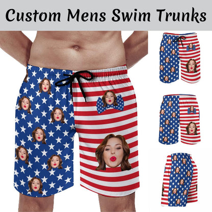 Custom Custom Face American Flag Couple Matching Swimsuit Women's Two-Piece Triangle Bikini Set Bathing Suit Men's Swim Shorts - YesCustom