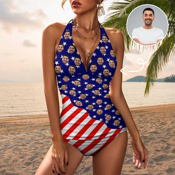 Custom Custom Face American Flag Couple Matching Women's Tankini Sets&Men's Quick Dry 2 in 1 Beach Shorts - YesCustom