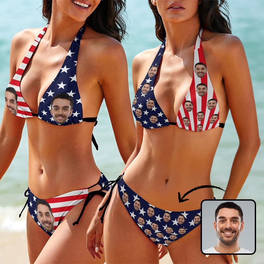 Custom Custom Face American Flag Deep V Neck Bikini Set Halter Tie Side Low Waisted Triangle Bikini Personalized Bathing Suit - YesCustom