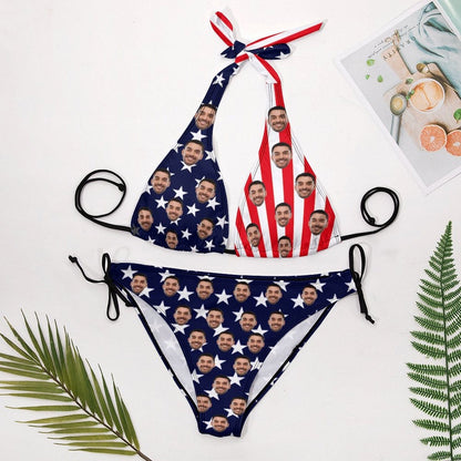 Custom Custom Face American Flag Deep V Neck Bikini Set Halter Tie Side Low Waisted Triangle Bikini Personalized Bathing Suit - YesCustom