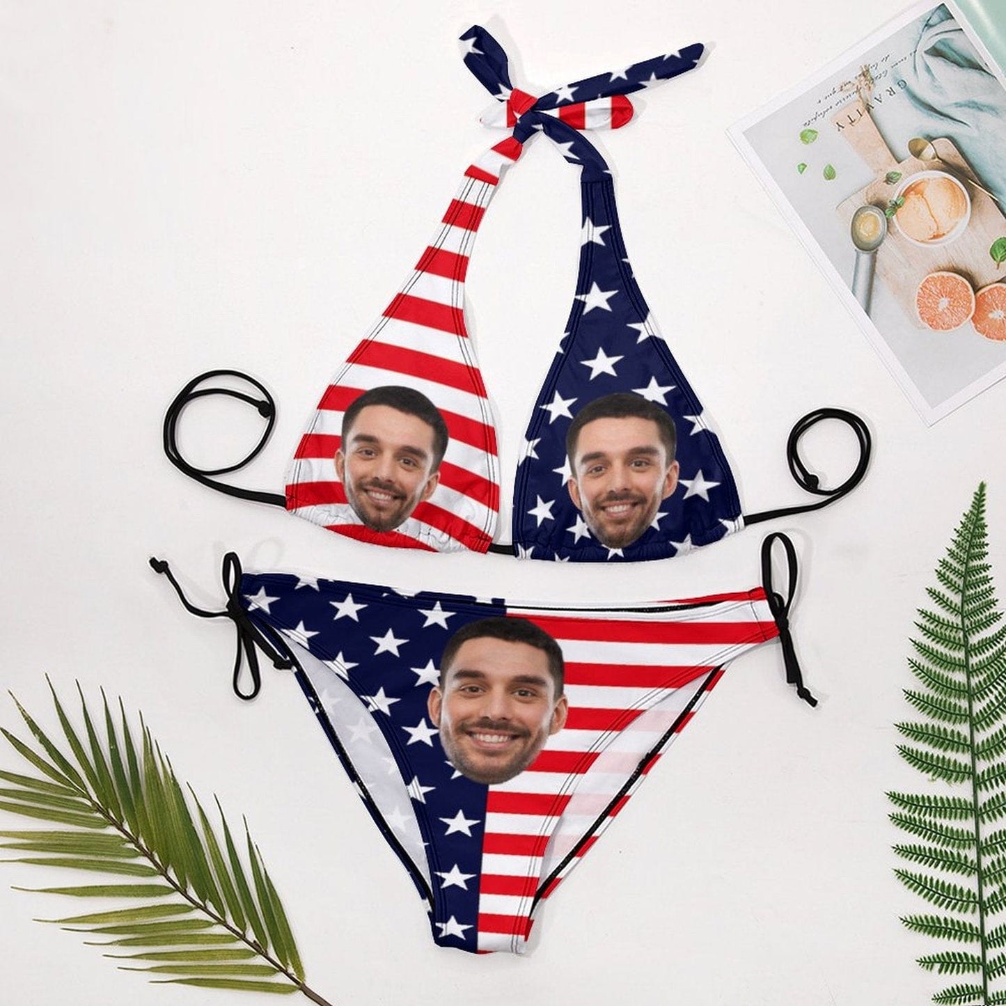 Custom Custom Face American Flag Deep V Neck Bikini Set Halter Tie Side Low Waisted Triangle Bikini Personalized Bathing Suit - YesCustom