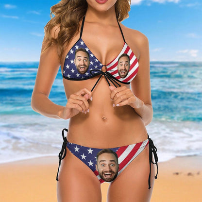 Custom Custom Face American Flag Deep V Neck Fashion Bikini Personalized Bathing Suit Women's Two Piece Swimsuit Summer Beach Pool Outfits - YesCustom