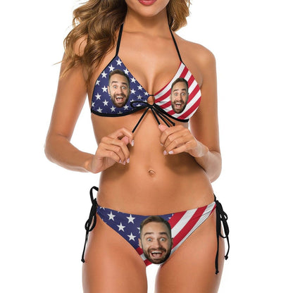 Custom Custom Face American Flag Deep V Neck Fashion Bikini Personalized Bathing Suit Women's Two Piece Swimsuit Summer Beach Pool Outfits - YesCustom