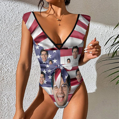 Custom Custom Face American Flag Distressed Style V Neck Ruffle One Piece Swimsuit Sexy Belt Custom Picture Bathing Suit Tie Back - YesCustom