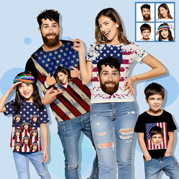 Custom Custom Face American Flag Family Matching T-shirt Put Your Photo on Shirt Unique Design All Over Print T-shirt Gift - YesCustom