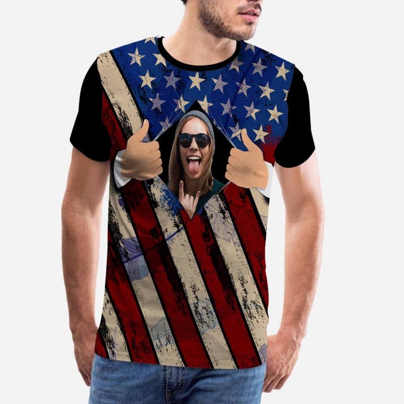 Custom Custom Face American Flag Family Matching T-shirt Put Your Photo on Shirt Unique Design All Over Print T-shirt Gift - YesCustom