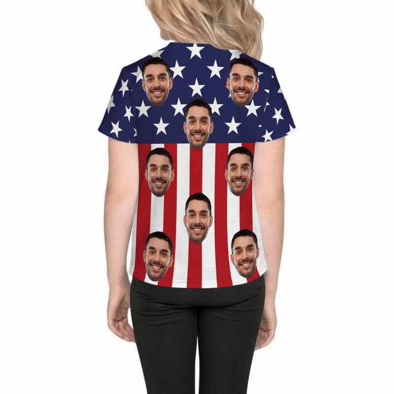 Custom Custom Face American Flag Family Matching T-shirt Put Your Photo on Shirt Unique Design All Over Print T-shirt Gift - YesCustom