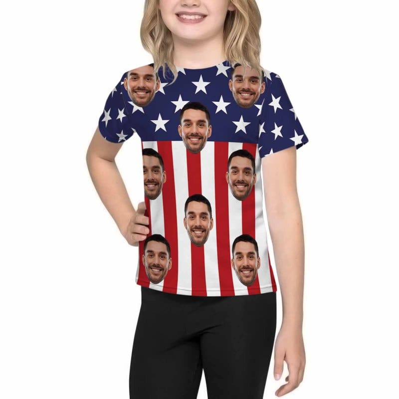 Custom Custom Face American Flag Family Matching T-shirt Put Your Photo on Shirt Unique Design All Over Print T-shirt Gift - YesCustom