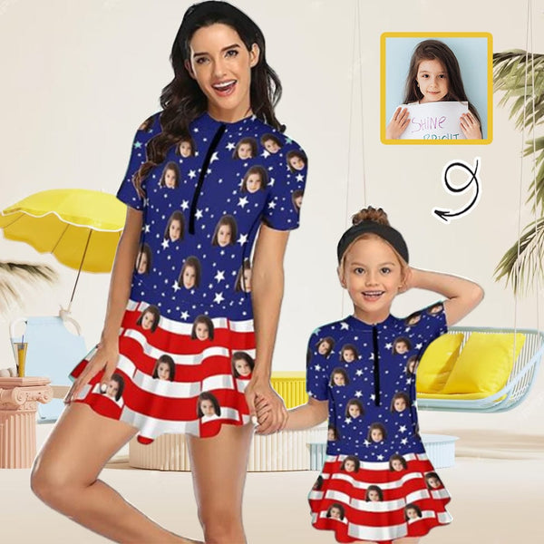 Custom Custom Face American Flag Family Swimsuit Swimdress Personalized One-Piece Swimsuit For Women and Girls - YesCustom