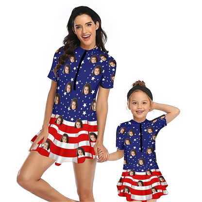 Custom Custom Face American Flag Family Swimsuit Swimdress Personalized One-Piece Swimsuit For Women and Girls - YesCustom